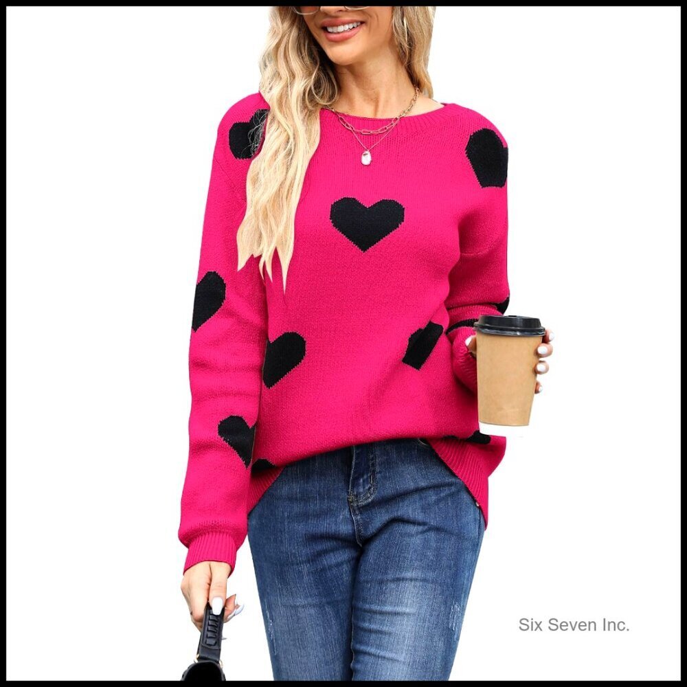 Crew Neck Pullover Sweater Long Sleeve Knitted Casual Y2K Cute Heart Pattern
